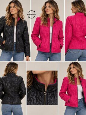 Reversible Quilted Jacket Black & Hot Pink – 2-Way Zip Front Statement